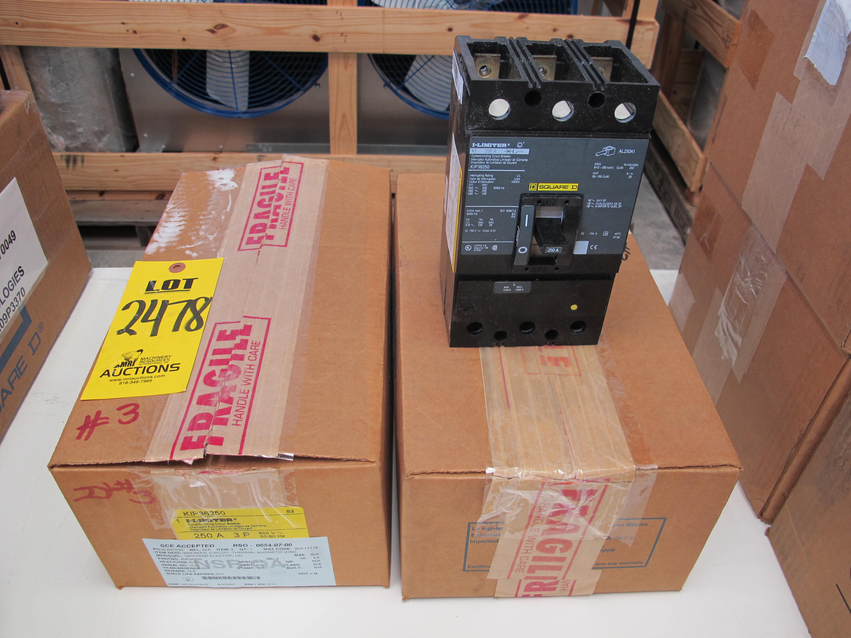 LOT (2) BREAKERS, CIRCUIT TYPE, THERMAL MAGNETIC KIND, CURRENT LIMITING OTHER, 250 AMP RATING, 600 VOLT RATING, 3 POLE. PART # KIP36250 (W-44) LOADING & HANDLING FEE $5-